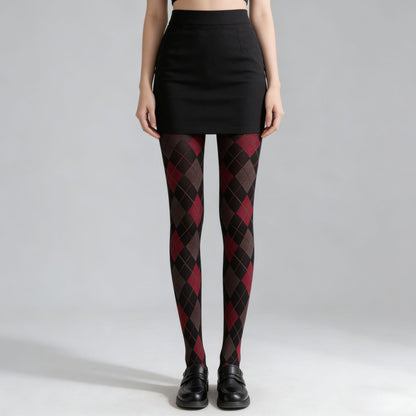 Retro Contrasting Dark Color Diamond-Check Tights