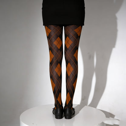 Retro Contrasting Dark Color Diamond-Check Tights