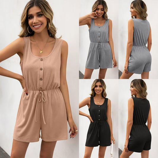 Women's Sleeveless, Defined-Waist Pullover Tank Top And Shorts Jumpsuit