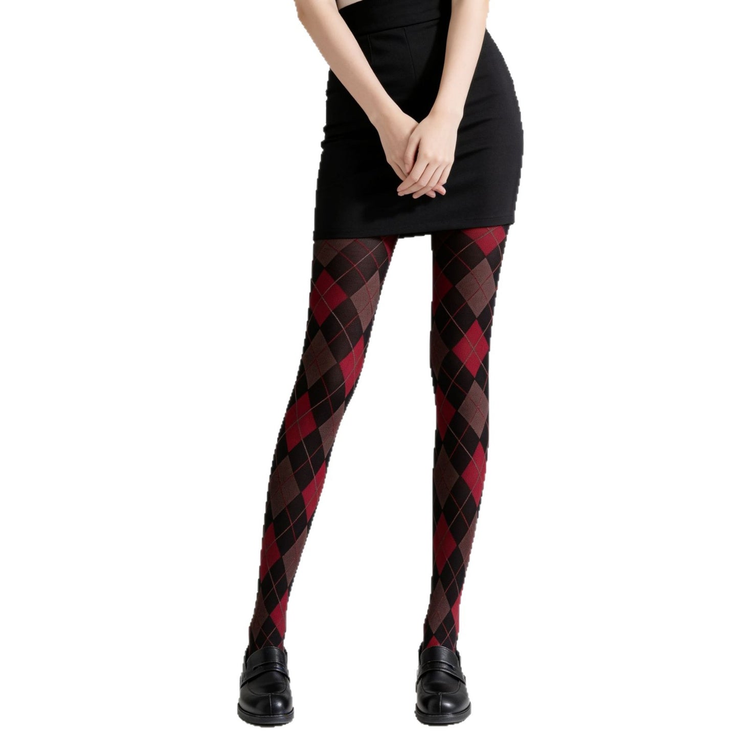 Retro Contrasting Dark Color Diamond-Check Tights