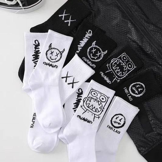 Emoji-filled Cotton Black-and-white Instagram-style Cartoon Hip-hop Quirky Long Socks For Couples