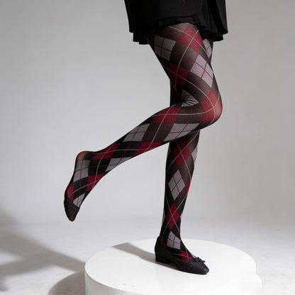 Retro Contrasting Dark Color Diamond-Check Tights