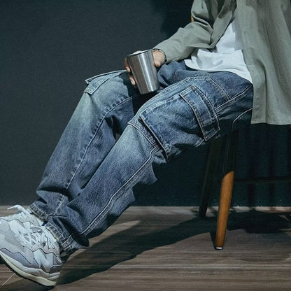 Men's denim  Loose Straight Retro Fashion Brand Stretch Pants